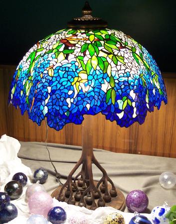 Blue Laburnum stained glass lamp, a custom design by Bogenrief Studios.