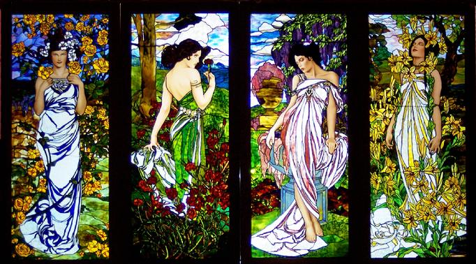 These windows are those of the Flower Series. Each lady is a separate window. They are in order as follows: Rose, Carnation, Wisteria, & Lily. Each window measures approximately 39" x 86."